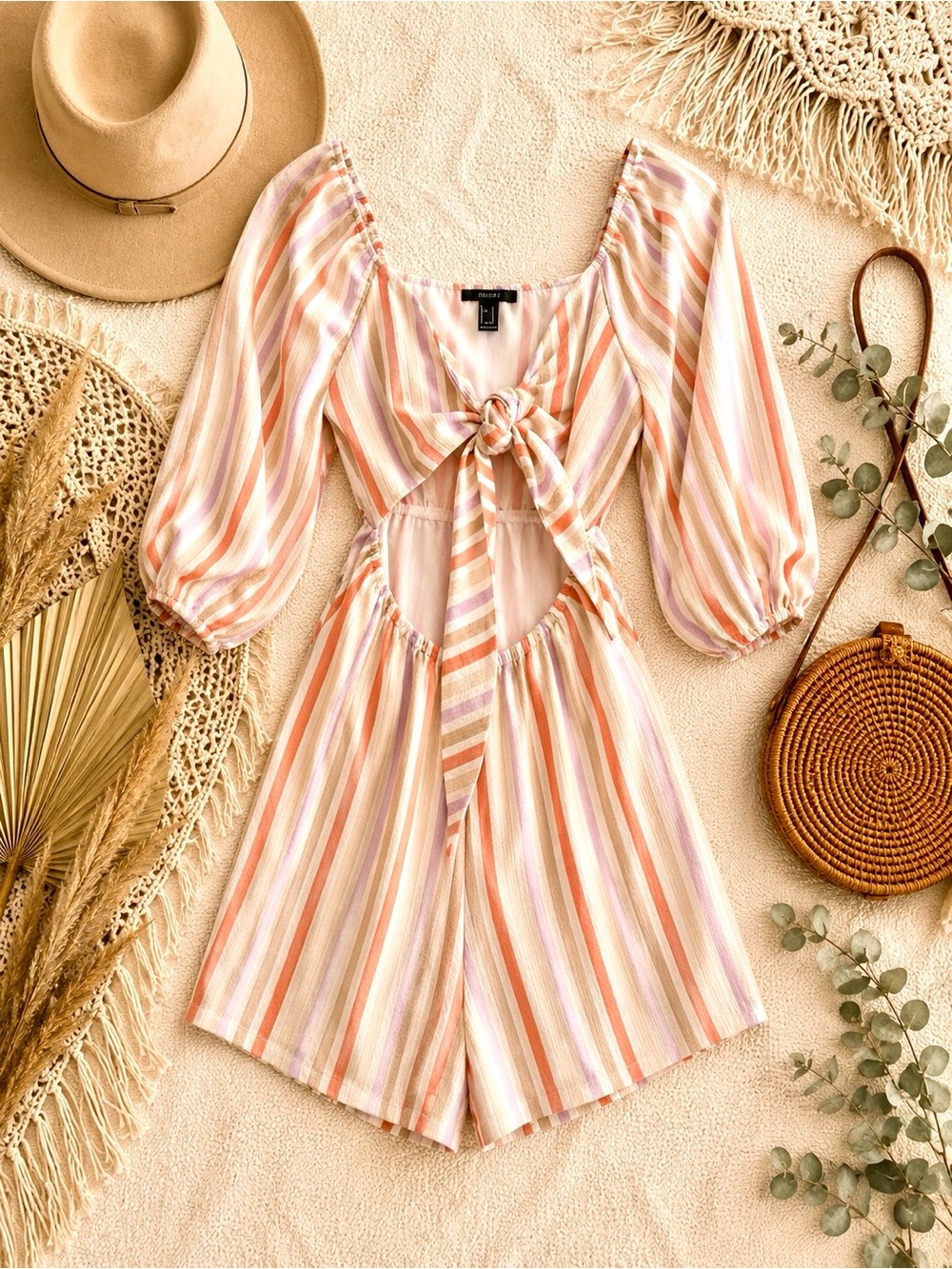 Forever 21 Multicolor Striped Tie-Front Cutout Romper